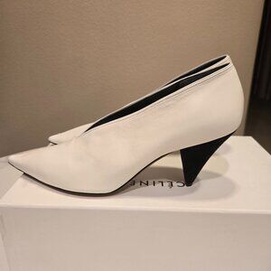 Celine Soft V Neck Pump in White Nappa Lambskin w/ black suede heel Size: US 9